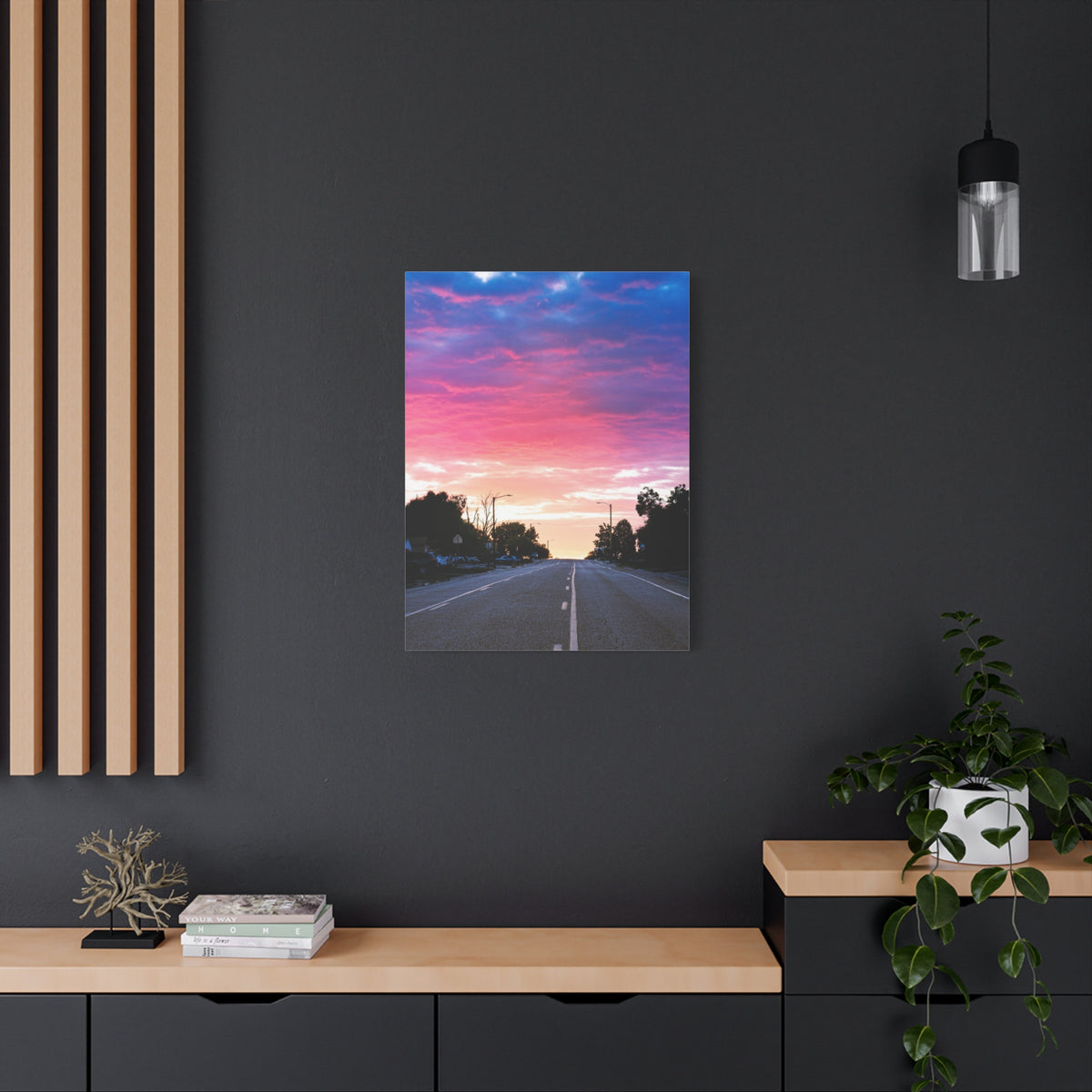 Blue, Pink & Orange Sunset Road Canvas Wall Art | Matte Stretched Print