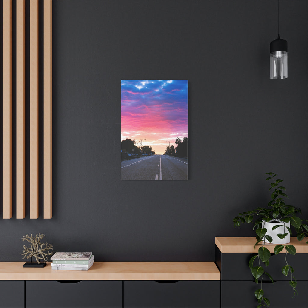Blue, Pink & Orange Sunset Road Canvas Wall Art | Matte Stretched Print